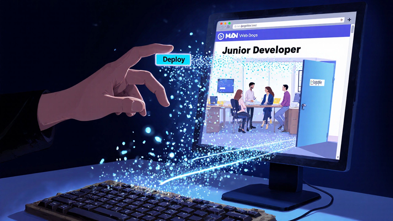 A hand clicking 'Deploy' as glowing particles form a path to a door labeled 'Junior Developer'.