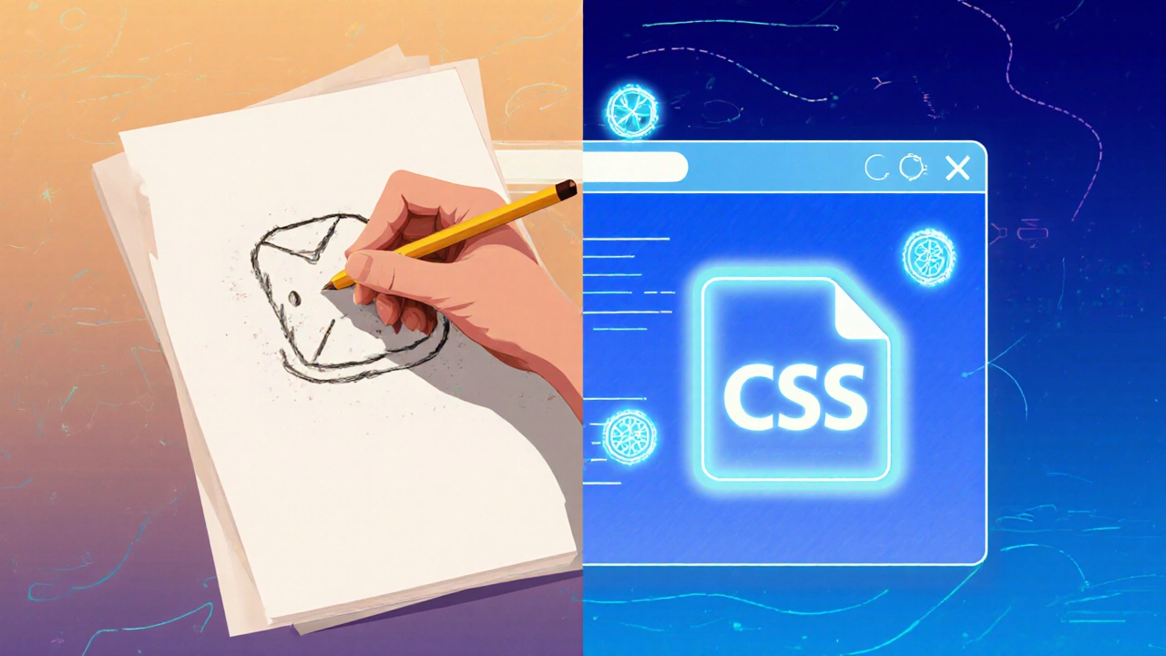 A split-screen visual showing a hand-drawn button transforming into a CSS-styled button with glowing properties.