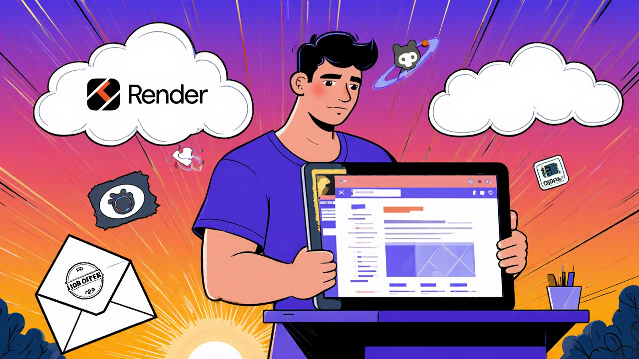 Comic‑style image of a developer presenting a live site, with cloud deployment icons and a job‑offer envelope.
