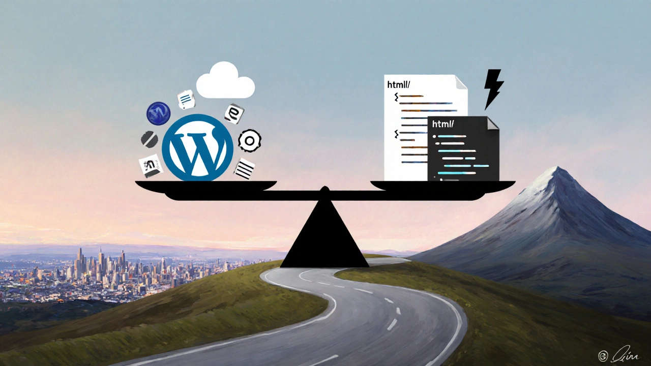 Conceptual scale balancing WordPress icons against HTML/CSS tags, with roads leading to different website horizons.