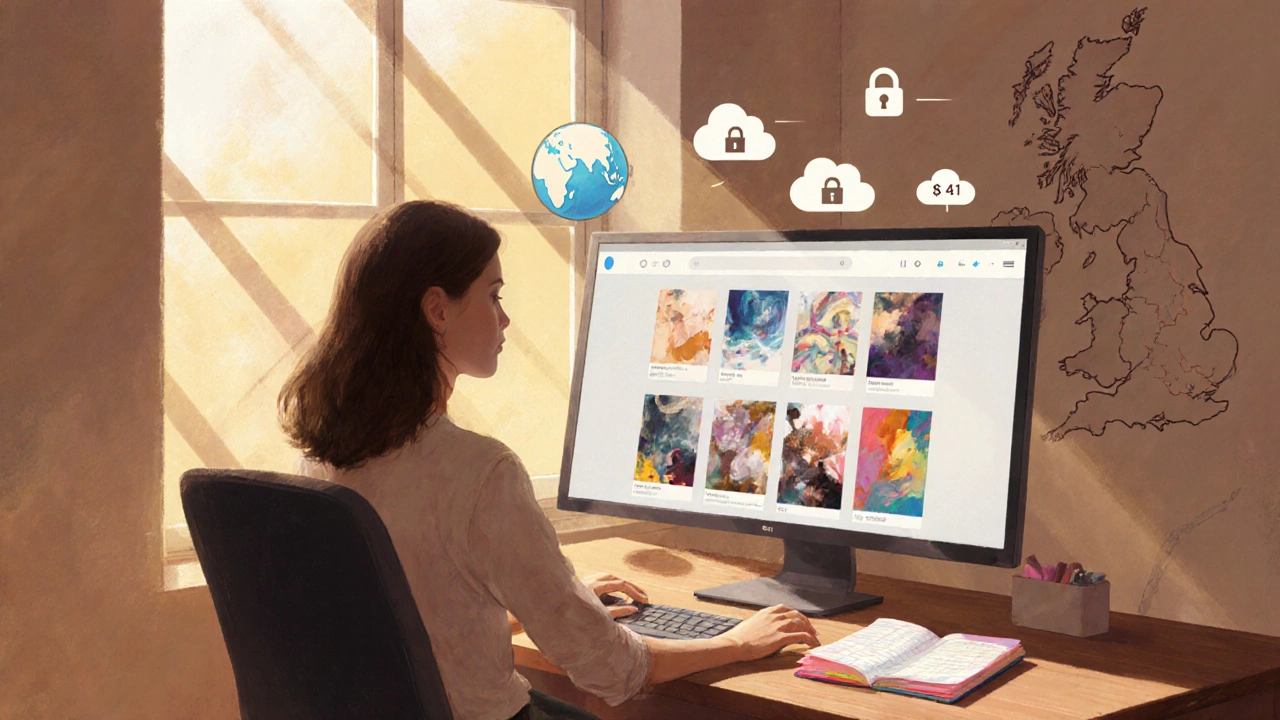 Designer office with portfolio screen and floating cost icons.