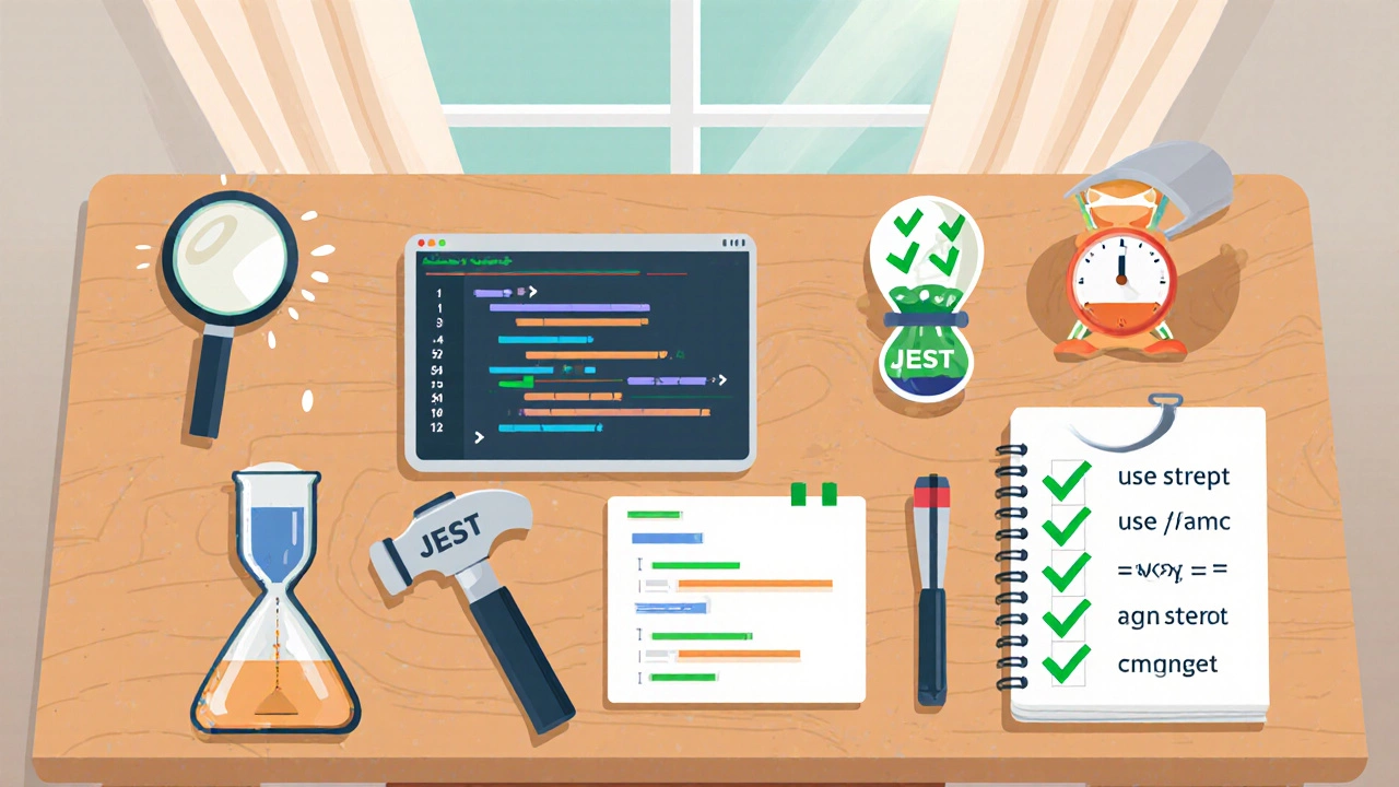 Desk with tools: magnifying glass, lint hammer, test tube, hourglass, and checklist for JavaScript learning.