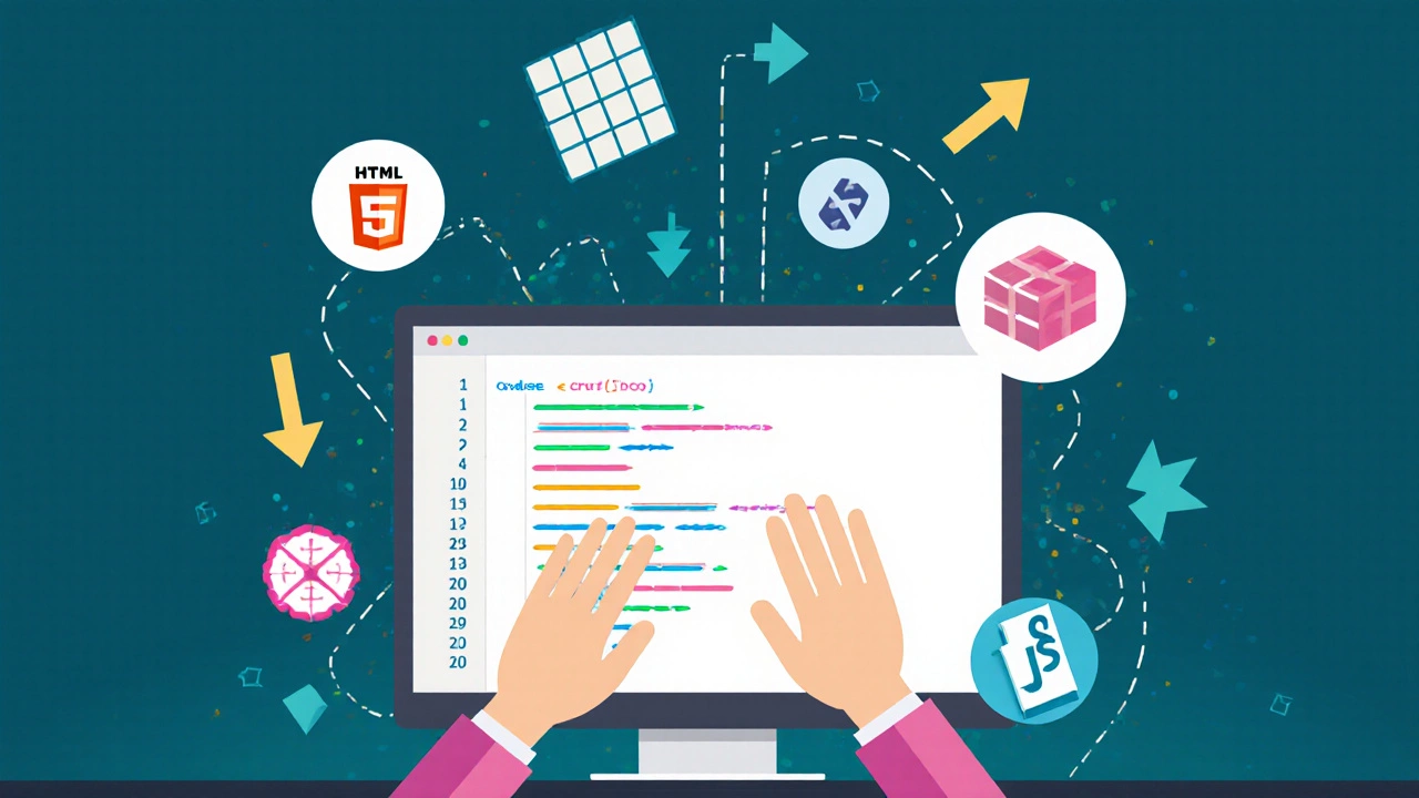 Developer's hands over code editor with floating HTML, CSS, and JS icons.