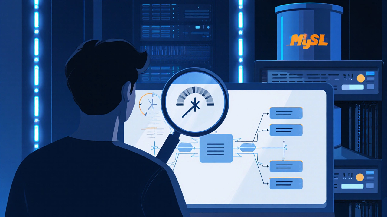 Developer debugging a slow API with a magnifying glass over an abstract query plan near a glowing MySQL server.