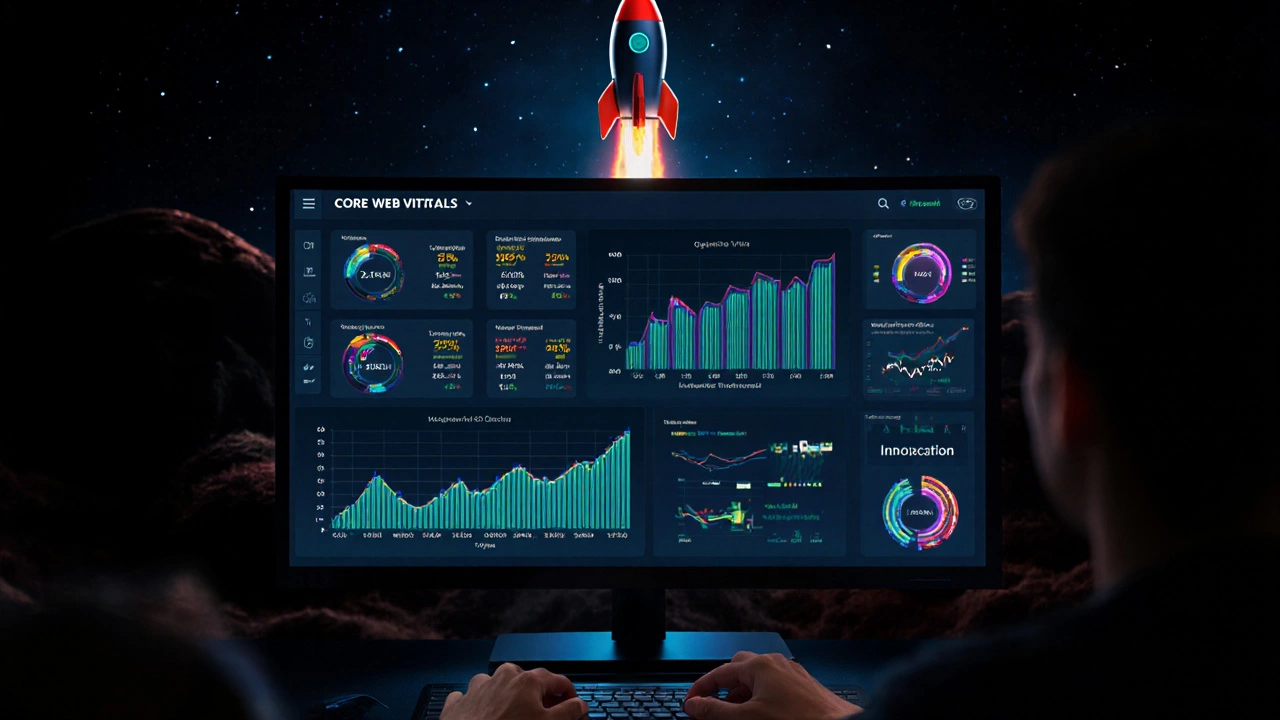 Developer monitoring a glowing dashboard of SEO metrics as a rocket rises.