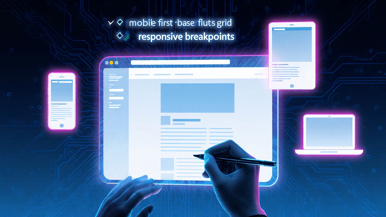 Developer testing breakpoints using browser dev tools and various devices, with a checklist overlay.