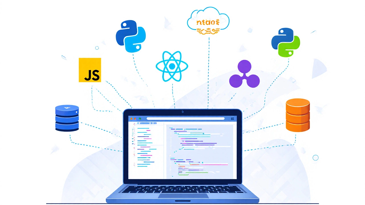 Developer workspace with floating icons for JavaScript, Python, React, Node.js, Docker, AWS, and Git.
