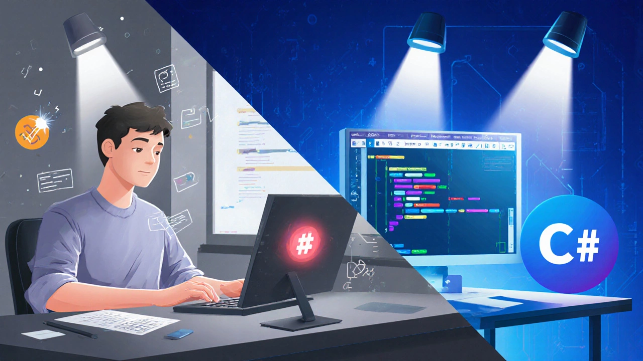 Developers coding side‑by‑side in PHP and .NET, highlighting static versus dynamic typing.