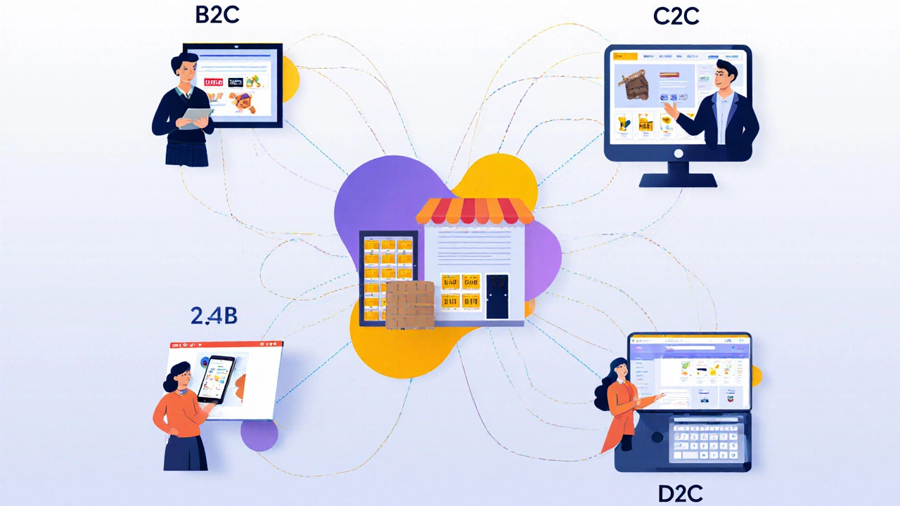 Five scenes representing B2C, B2B, C2C, C2B, and D2C business models around a central hub.