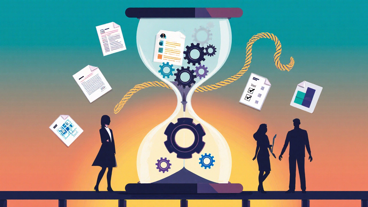 Flat illustration of an hourglass with gears, content icons, and team silhouettes showing timeline factors.