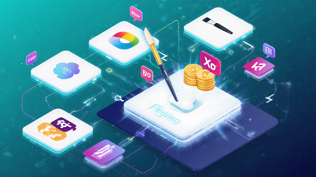 Floating cards comparing seven UI/UX design tools with icons for platform, price, and features.