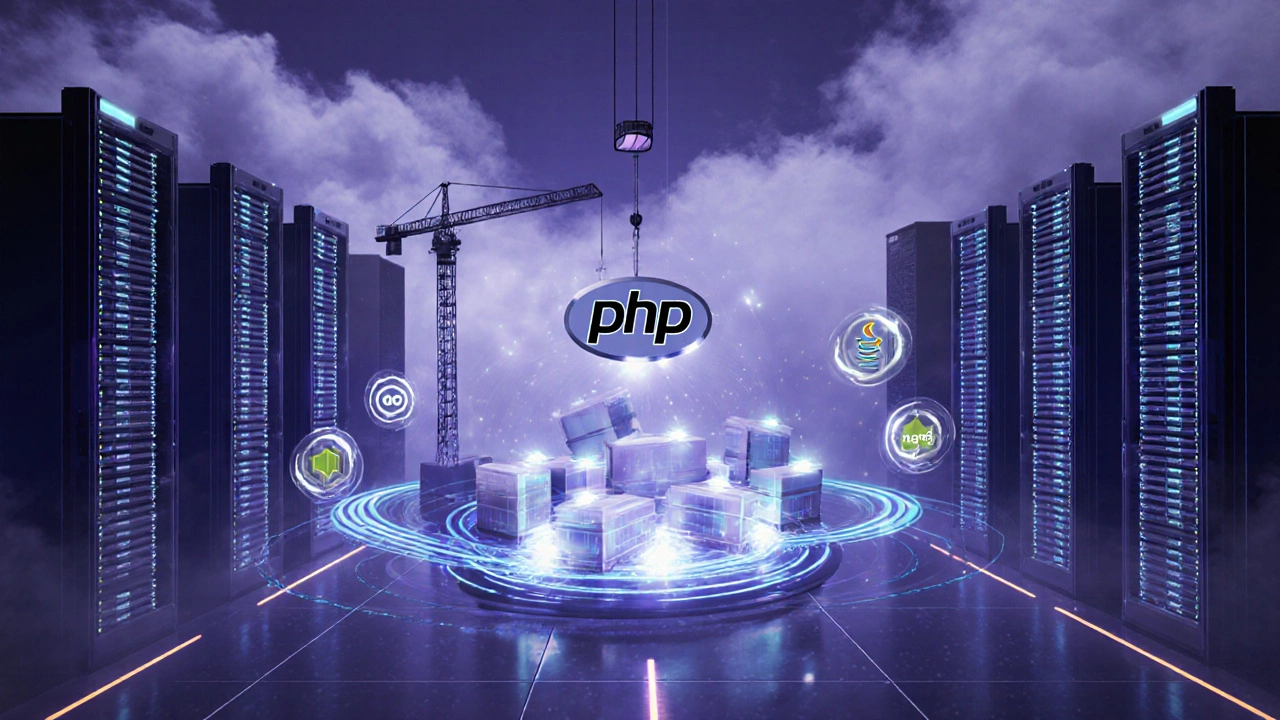 Futuristic cloud scene where a PHP logo is integrated into a serverless platform.