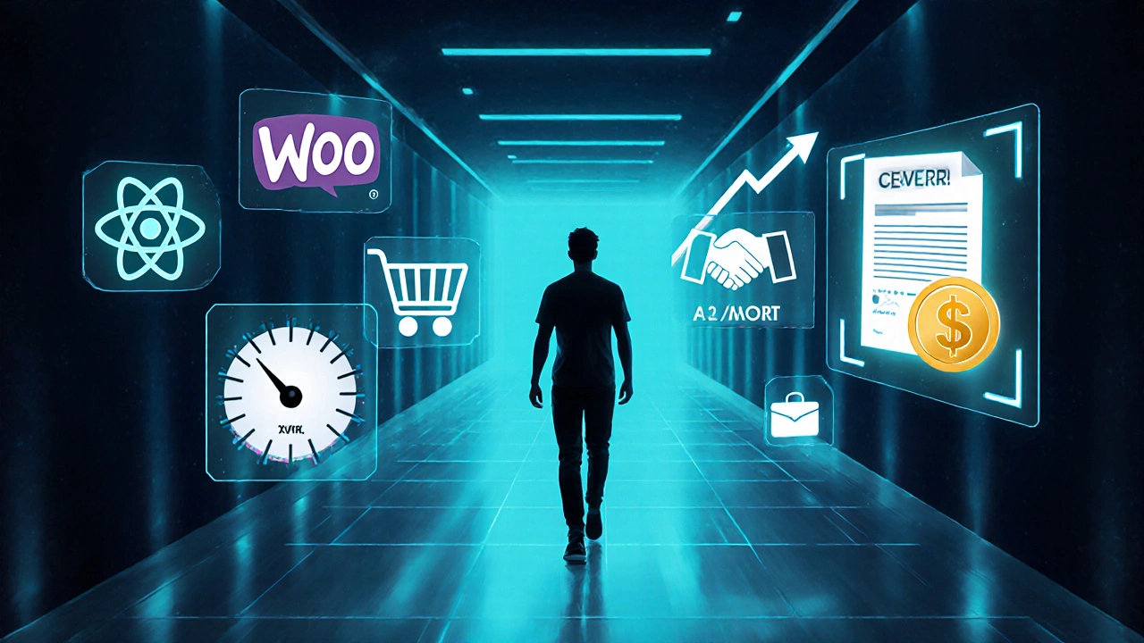 Futuristic corridor with floating tech icons and a glowing salary token, symbolizing career growth.