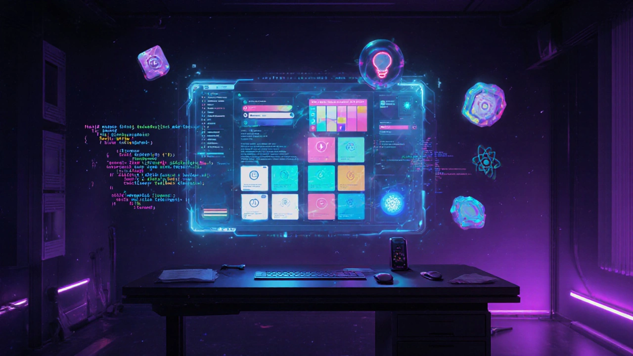 Futuristic studio with holographic UI elements, AI suggestions, and React code snippets.