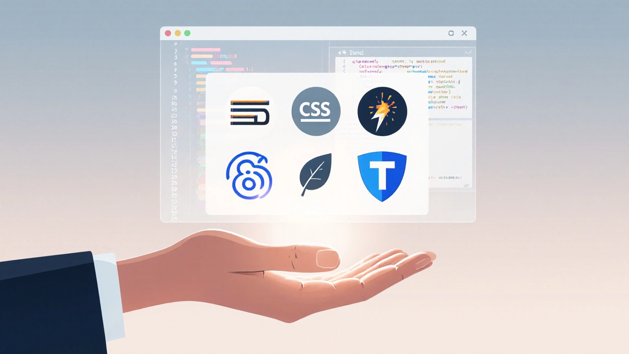 Hand hovering over icons for HTML, CSS, JavaScript, Sass, Tailwind, and TypeScript above a code editor.