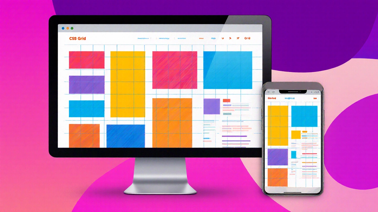 Illustration of a grid layout transforming into a single‑column flex layout on a mobile screen.