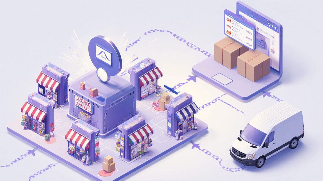 Illustration of marketplace sellers, a subscription box delivery, and a drop‑shipping supply chain.
