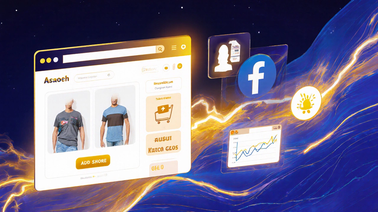 Illustration of online store launch with website, ads, email signup, and analytics overlay.