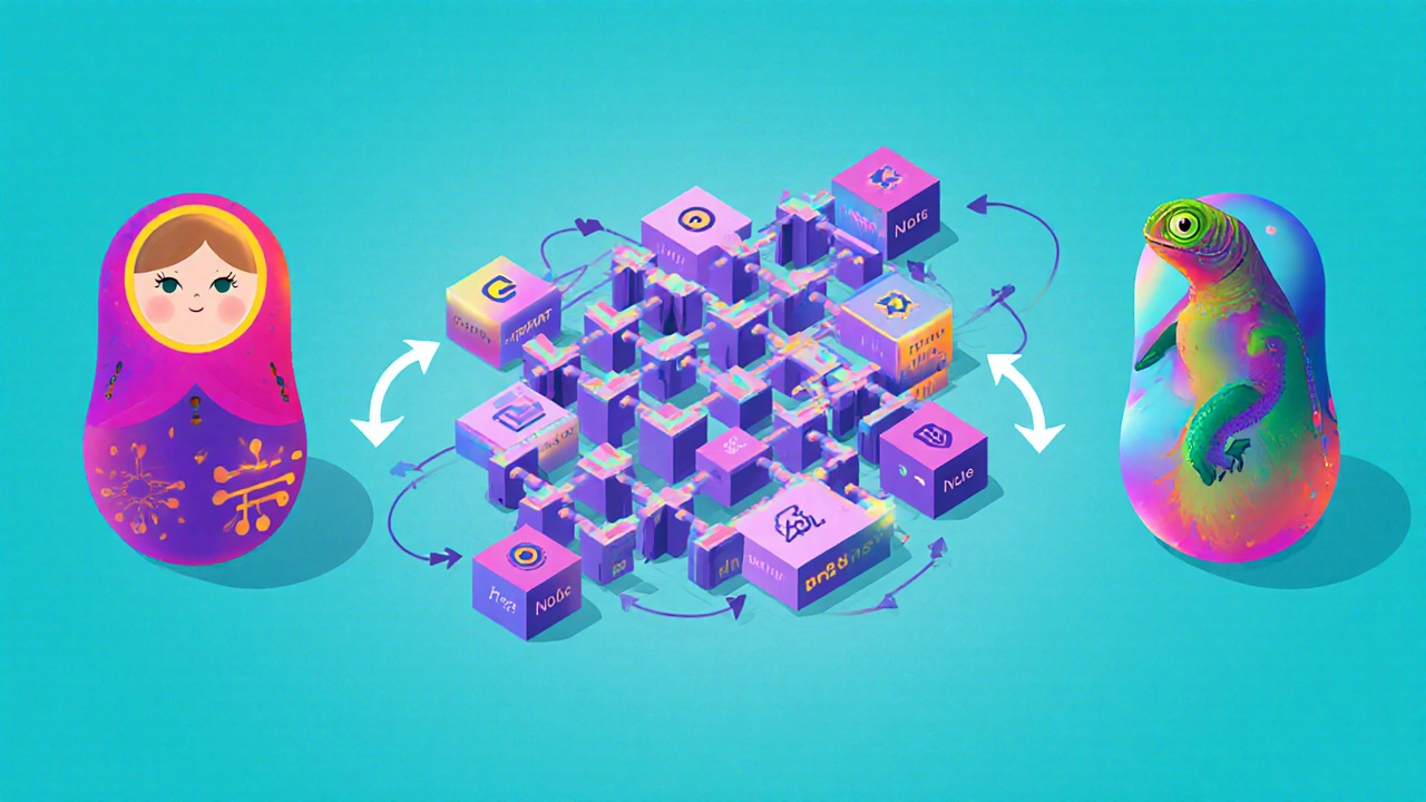 Illustration showing closure dolls, prototype maze, and shifting 'this' chameleon as JavaScript concepts.