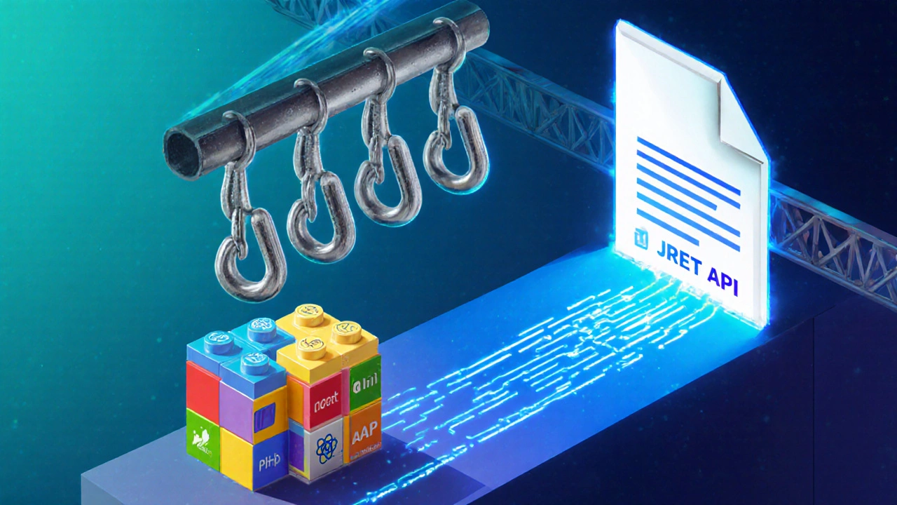 Illustration showing Gutenberg blocks, PHP hooks, and a JSON REST API flow as interconnected elements.