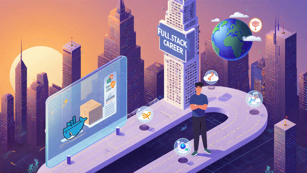 Isometric city with a roadmap to a full‑stack career and a developer deploying Docker to AWS.