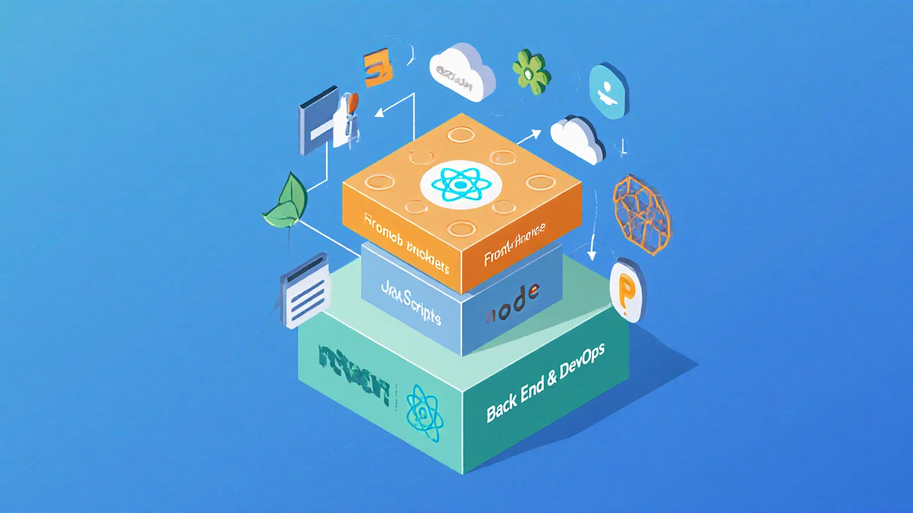 Isometric illustration of front‑end, React, and back‑end layers stacked as building blocks.