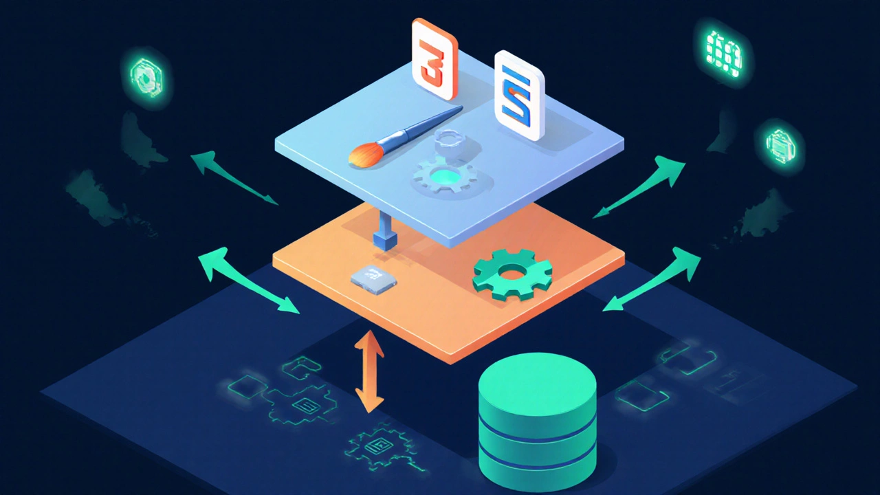 Isometric layered diagram showing UI icons, server API, and MySQL cylinder with flow arrows.