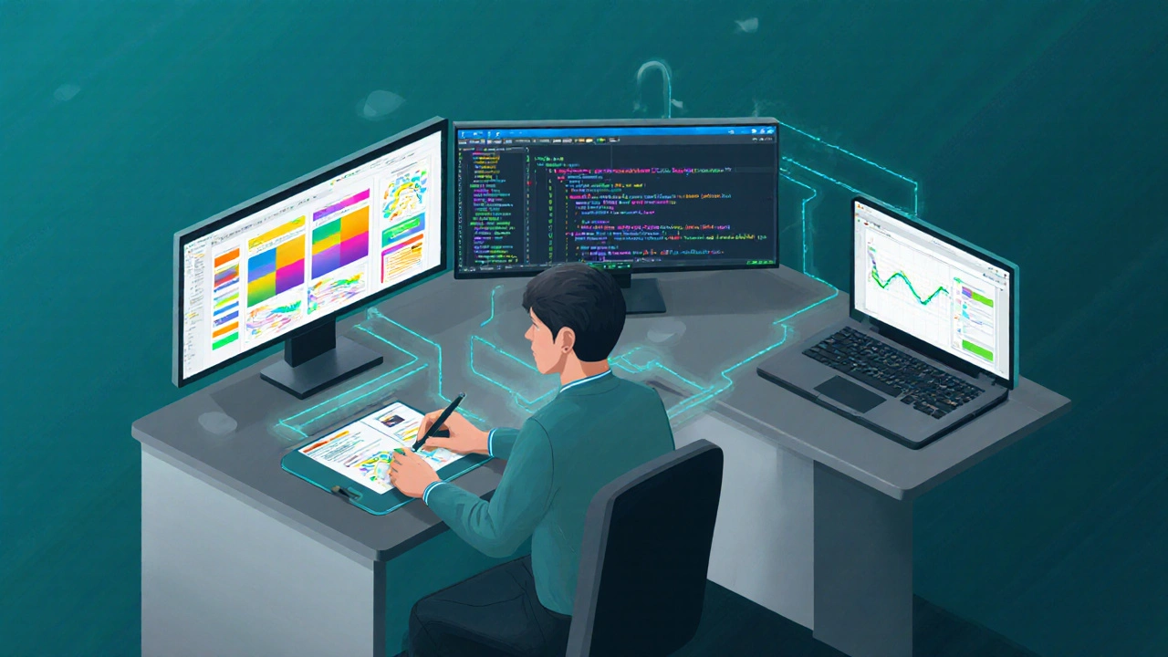 Isometric view of design mockups, code editor, and testing dashboard in a workflow sequence.