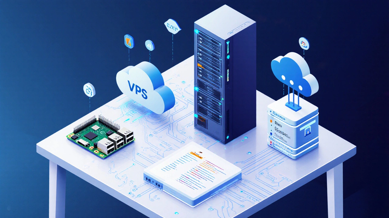 Isometric view of various self‑hosting hardware: Raspberry Pi, VPS cloud, dedicated server, cloud VM, Docker container.