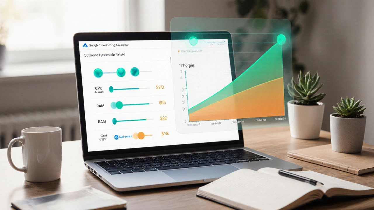 Laptop screen showing abstract cloud pricing calculator UI.