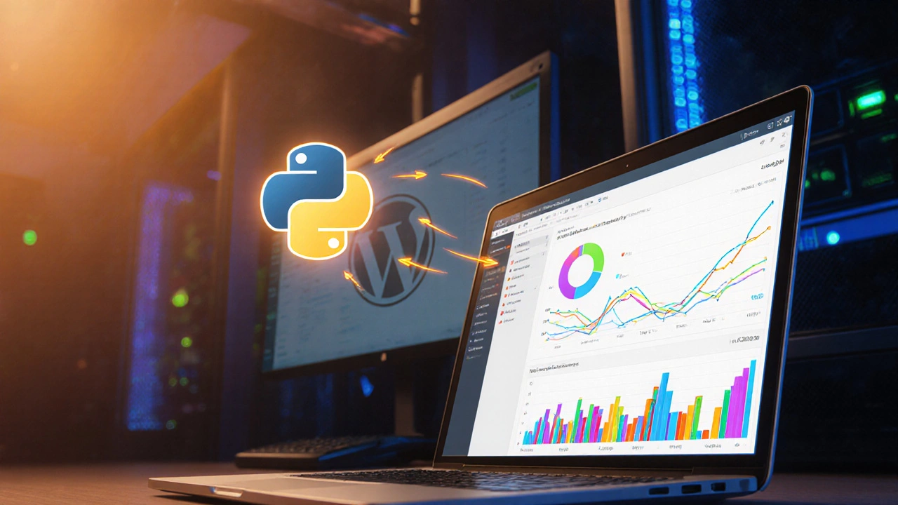 Laptop shows Python‑generated analytics chart beside WordPress admin view.