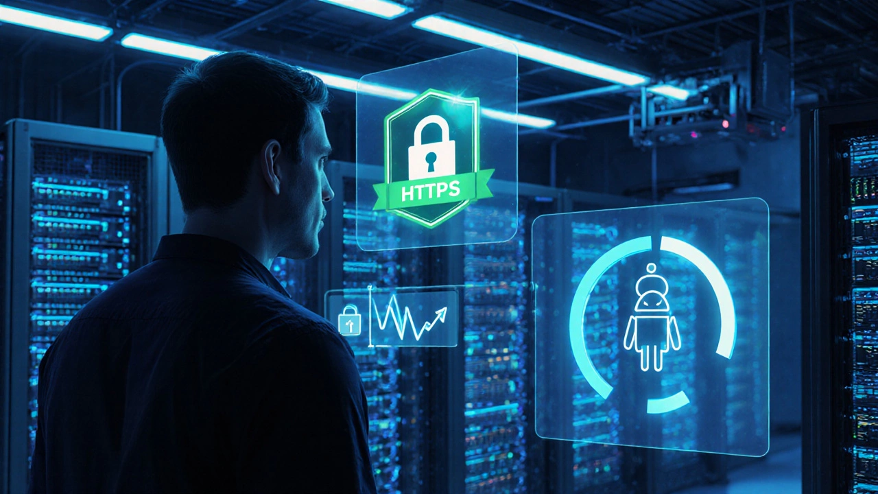 Nighttime server room with admin monitoring SSL, uptime, and backup holograms.