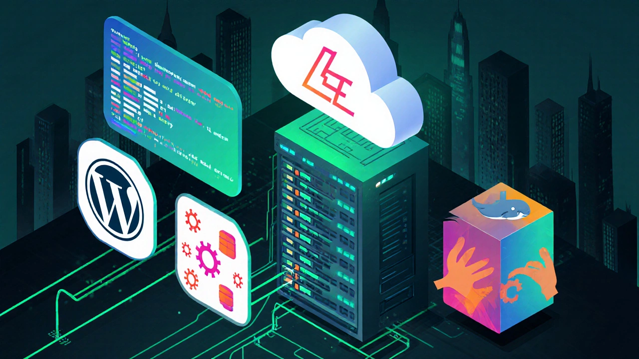Server room illustration showing Laravel code, databases, and cloud deployment.