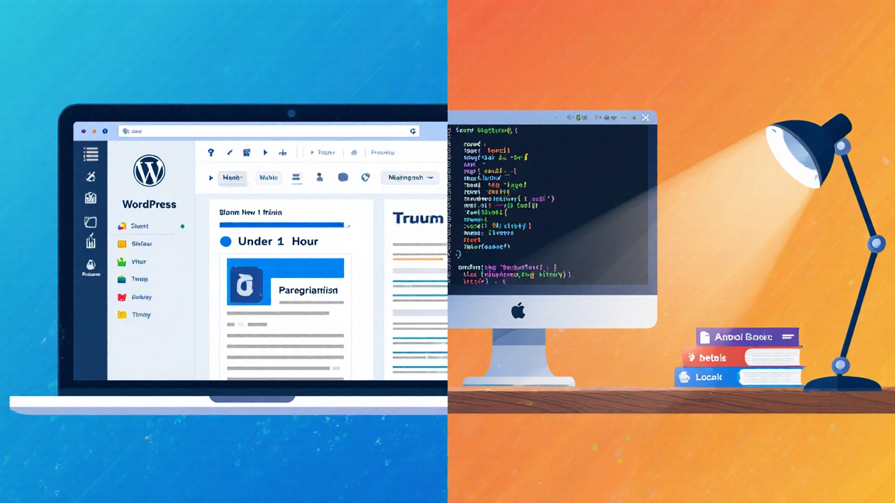 Split‑screen illustration showing WordPress dashboard workflow on left and coding setup with VS Code on right.