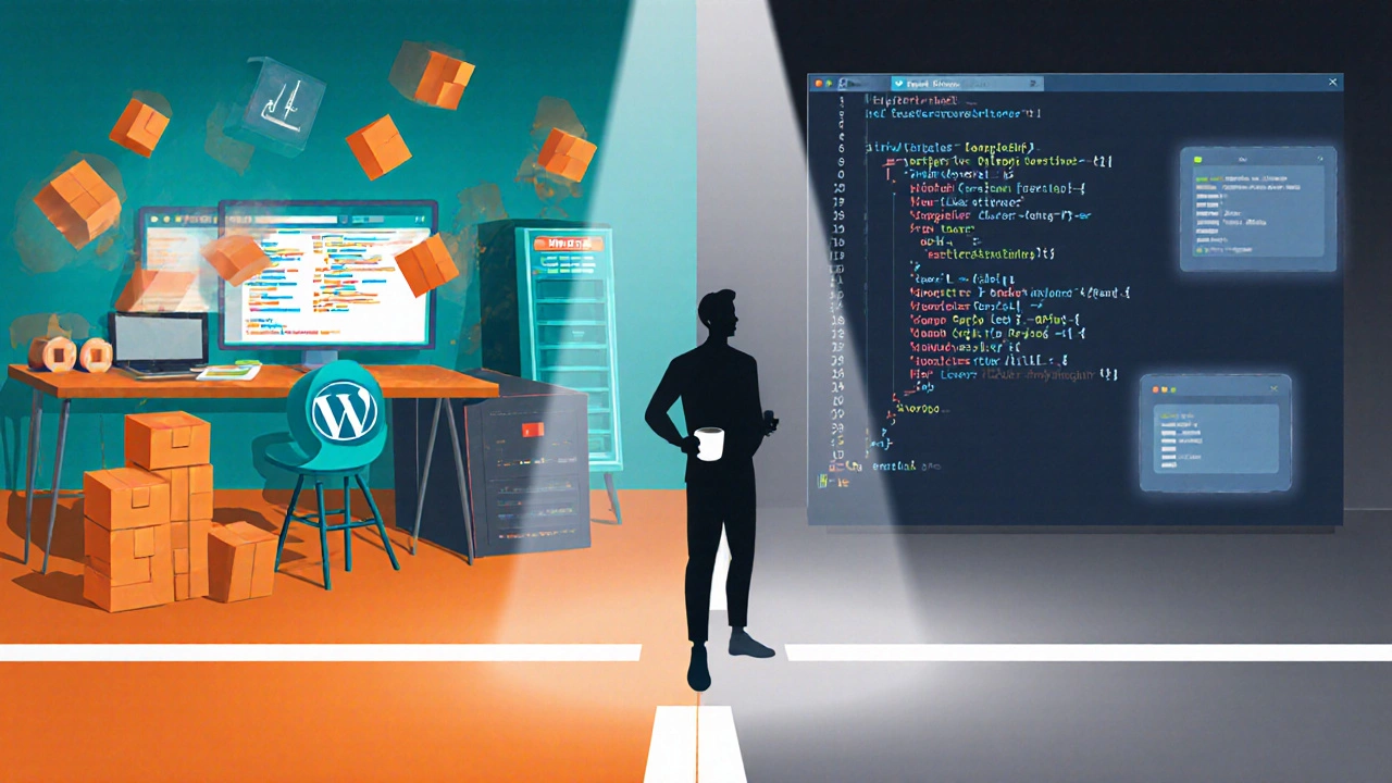 Split-screen scene of a developer choosing between WordPress tools and other framework consoles.