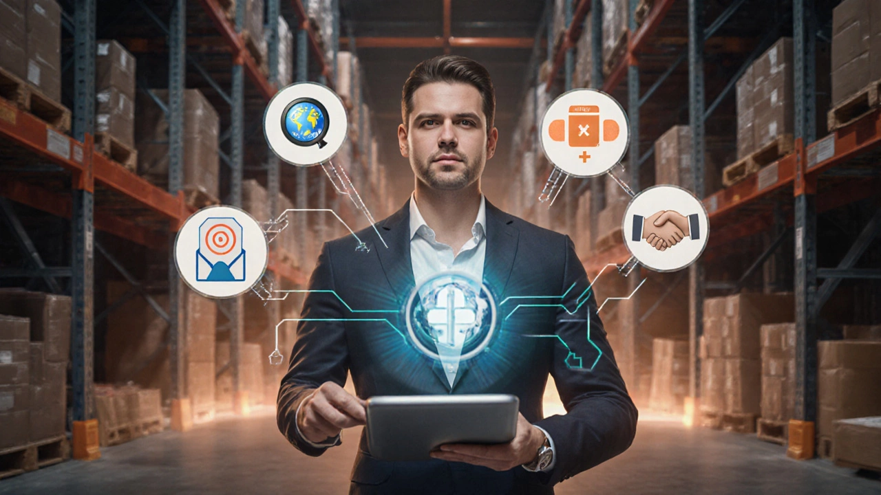 Store owner manipulating holographic icons for SEO, retargeting, bundling, checkout, and shipping.