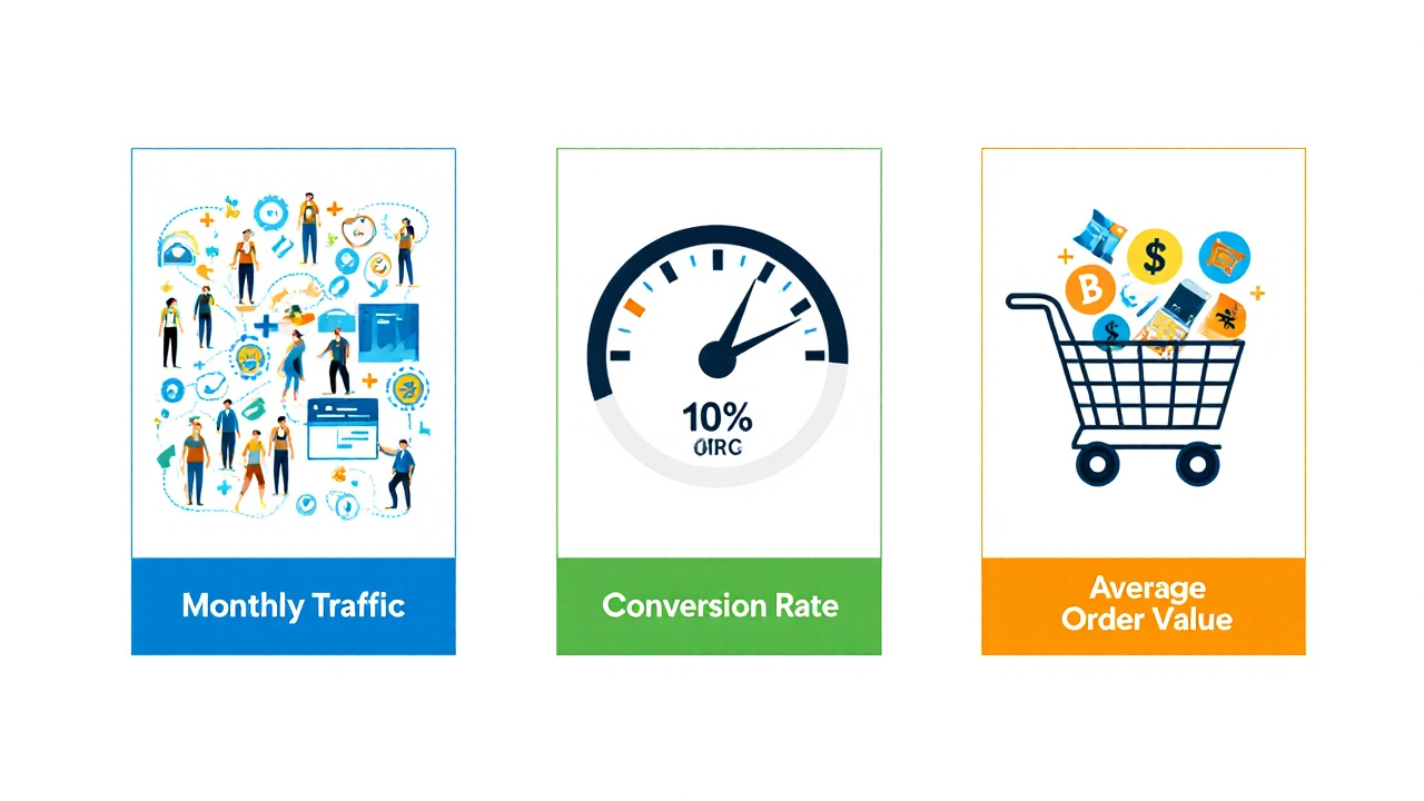 Three-panel illustration showing traffic flow, conversion rate gauge, and shopping cart with dollar sign.