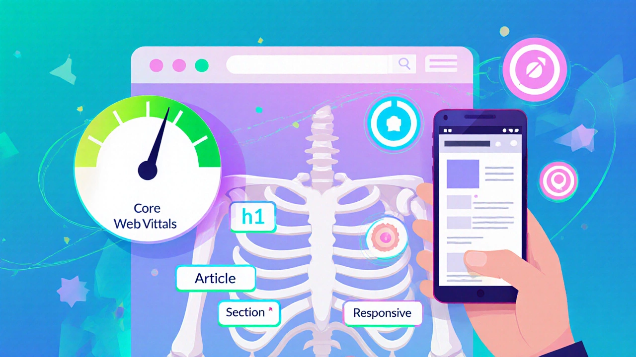 Webpage skeleton with semantic tags, speedometer, mobile device, and schema icons.