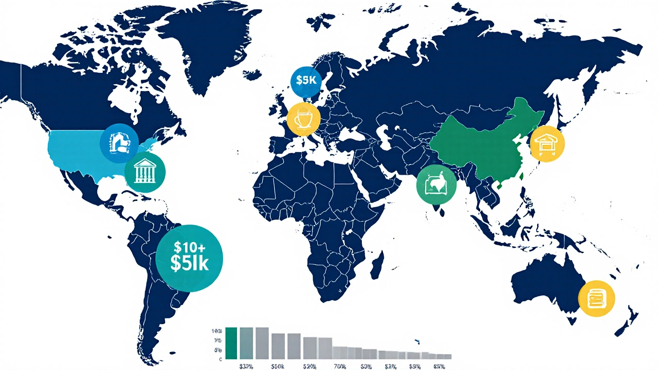World map with colored badges displaying salary tiers for different regions and work‑setting icons.
