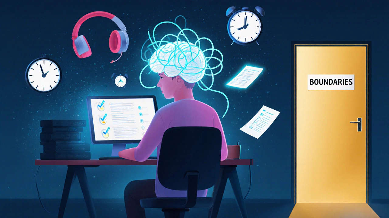 A developer surrounded by symbols of time and tasks, with a glowing door representing work-life boundaries.