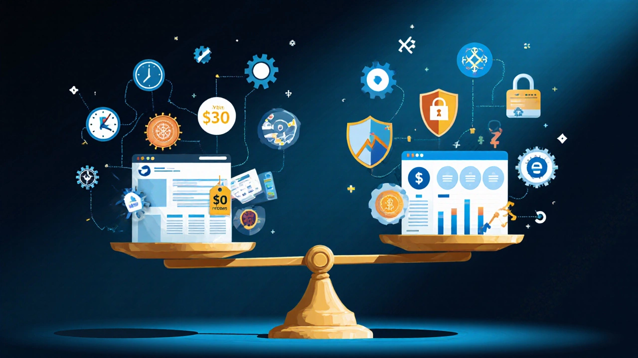 A scale balancing a basic website against a complex web app with security and analytics icons, symbolizing rate differences.