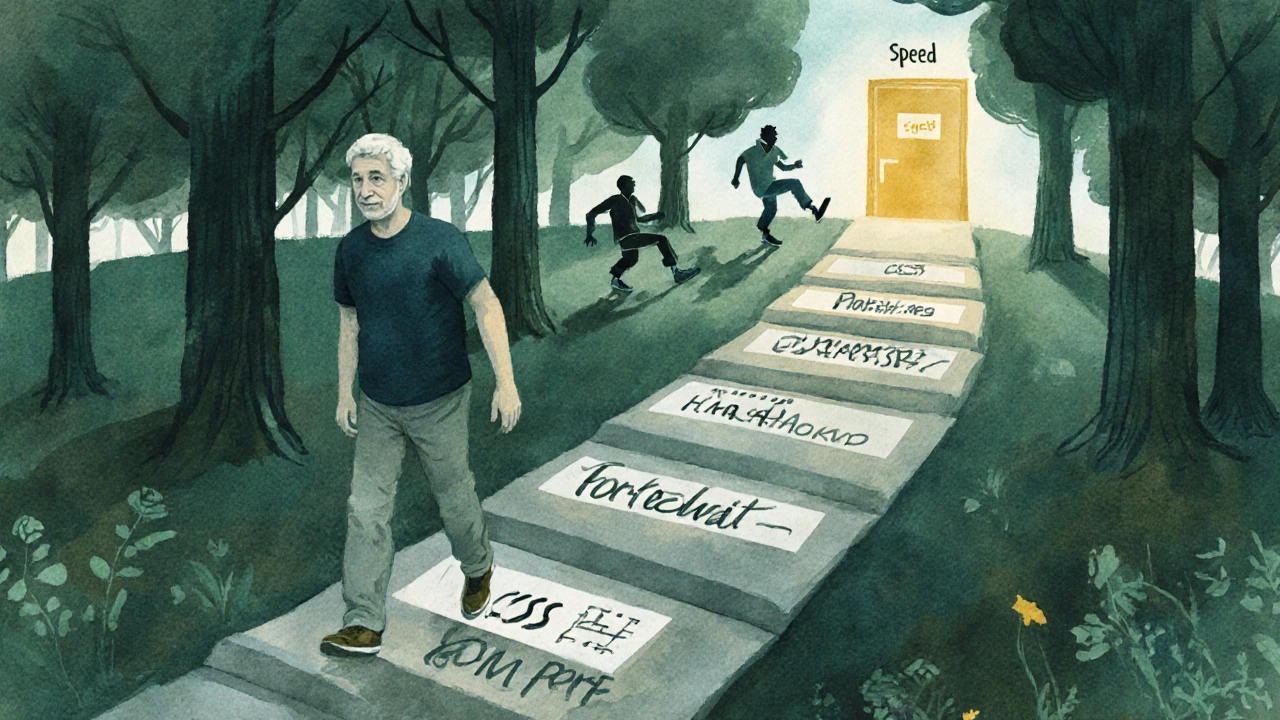 A symbolic path through a forest showing learning milestones leading to a glowing new career door.