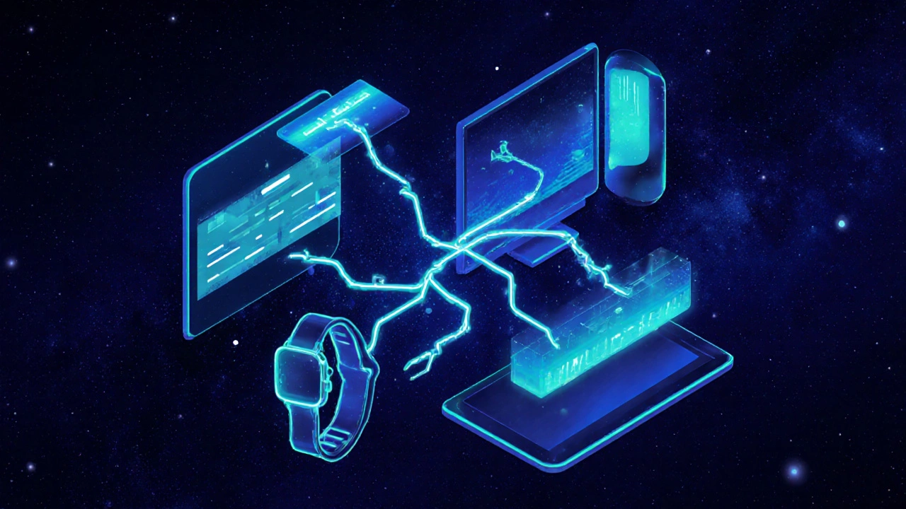 Abstract glowing CSS structure expanding and contracting across different screen sizes.