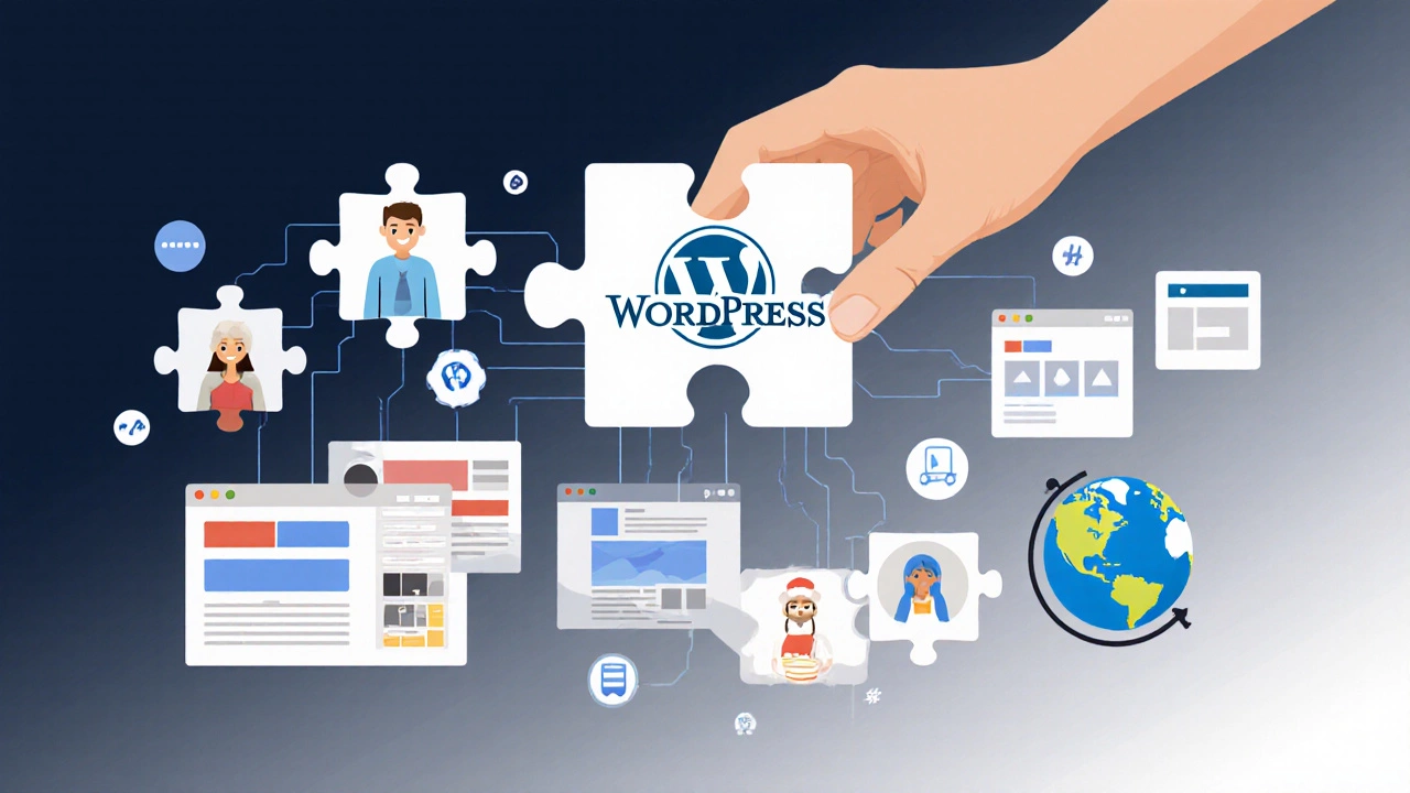 Abstract mosaic of diverse people connected by WordPress puzzle pieces, symbolizing easy website creation for everyone.