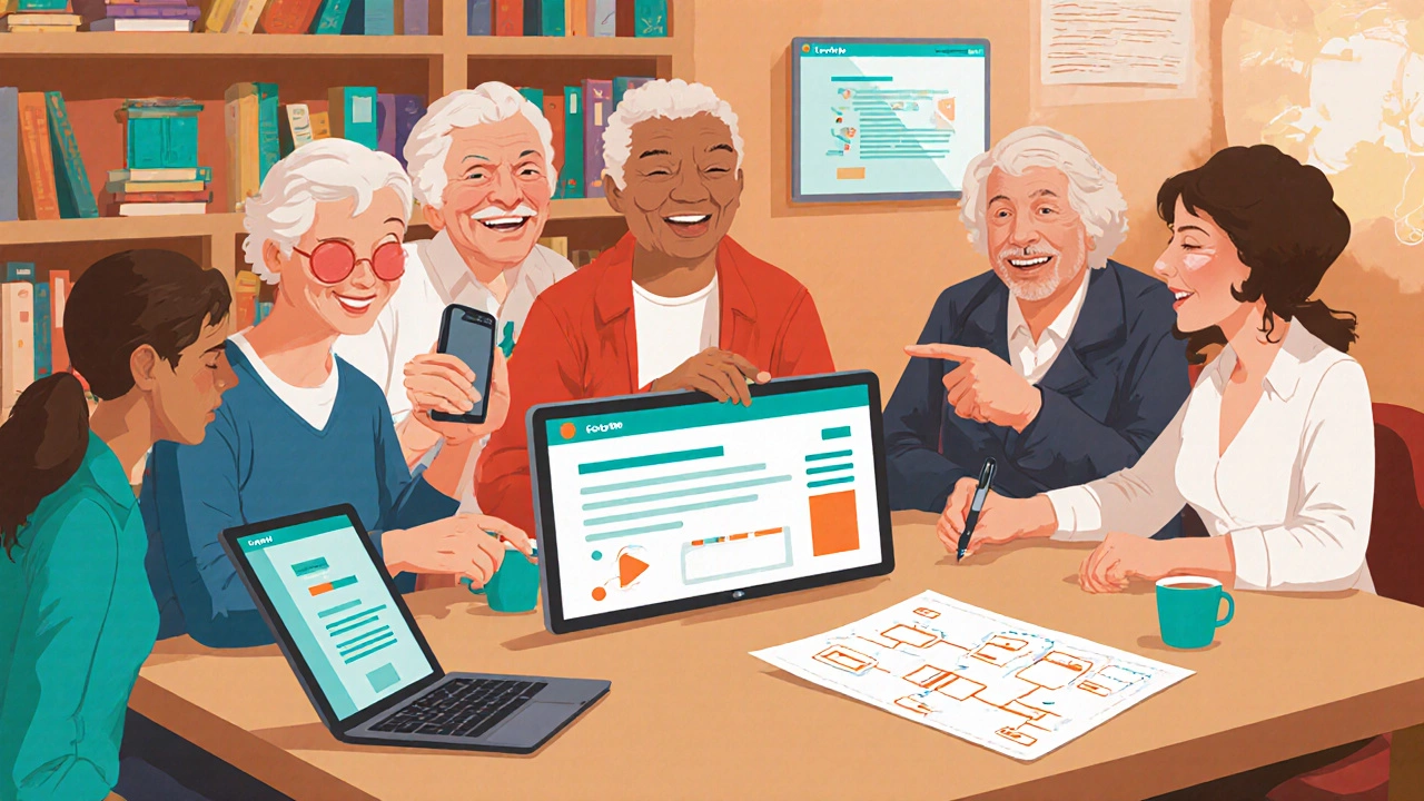 Adults in their 40s and 50s collaborating at a coding meetup, smiling at a shared laptop screen.