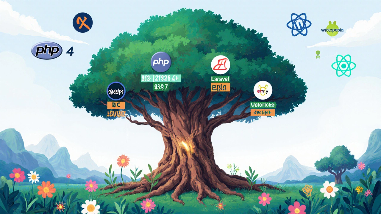 Ancient tree with PHP version roots growing into modern PHP 8.4 branches