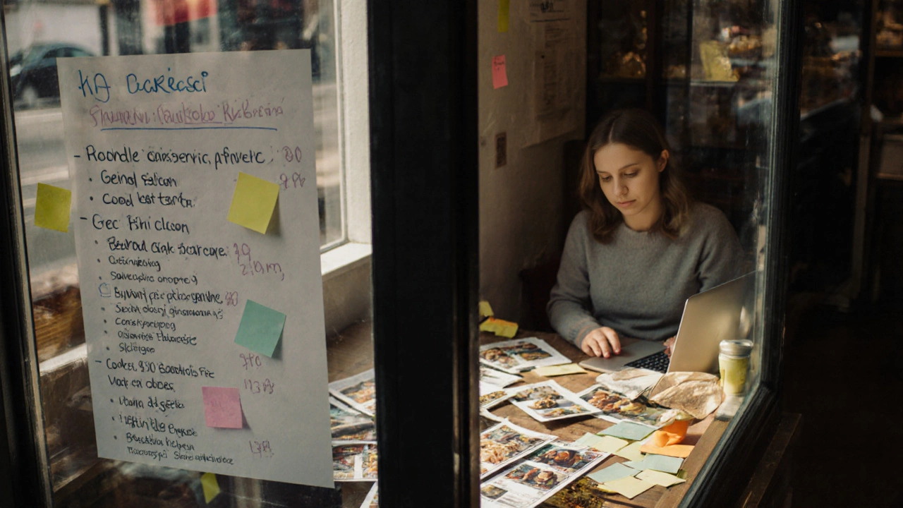 Bakery owner manually re-entering menu items on a laptop while surrounded by printed photos and notes.