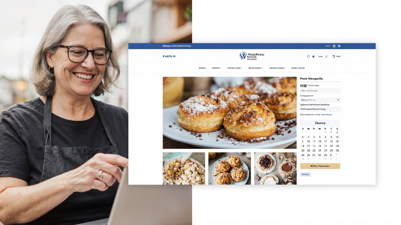 Bakery owner publishing her WordPress site with online ordering and menu gallery, smiling with confidence.