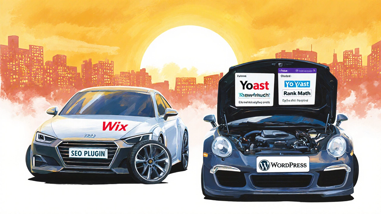 Comparison of a locked rental car labeled Wix and a customizable WordPress car under sunrise.