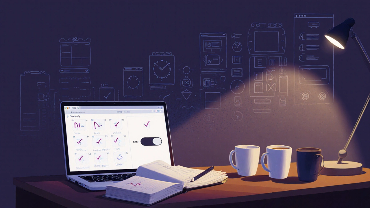 Desk scene showing 30 days of progress with a toggle switch and evolving UI elements in the background.